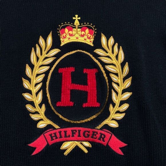 Vintage Y2K Tommy Hilfiger Women Embroidered Crest Turtleneck Sweater Black Sz S - Picture 7 of 9